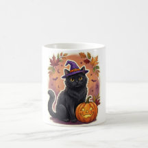 Schwarzer Katzenhexenhut-Kürbis-Halloween-Tasse