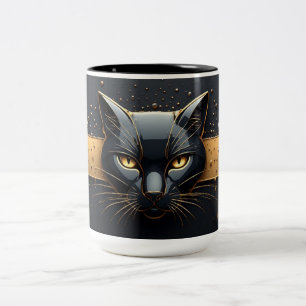 Schwarzer Katzenkopf mit goldenem Tropfendesign 🐈 Zweifarbige Tasse