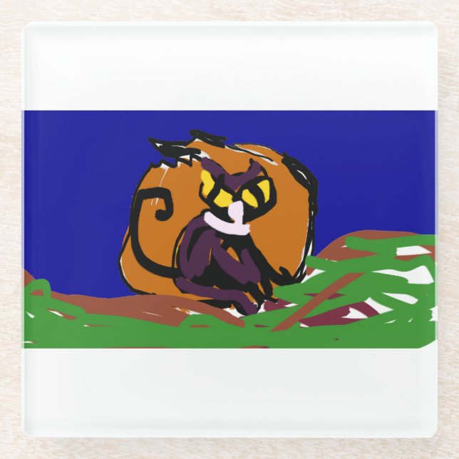 Schwarzer Katzenkürbis Herbst Glasuntersetzer (Vorderseite)