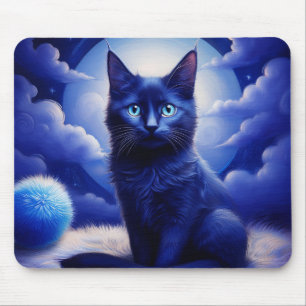Schwarzer Katzensprung vor Mond und weiße Wolken Mousepad