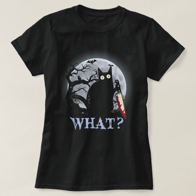 Schwarzer Killer Katze Kostüm Halloween mit Knife  T-Shirt (Design vorne)