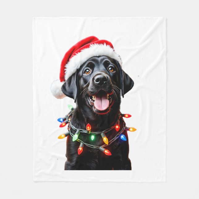 Schwarzer Lab Labrador Weihnachtsbaum Licht Pyjama Fleecedecke (Vorderseite)
