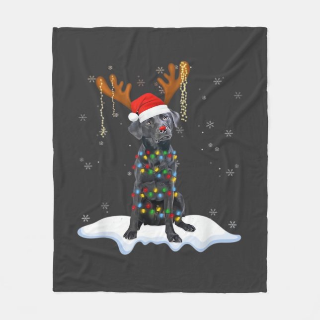 Schwarzer Lab Labrador Weihnachtsbaum Licht Pyjama Fleecedecke (Vorderseite)