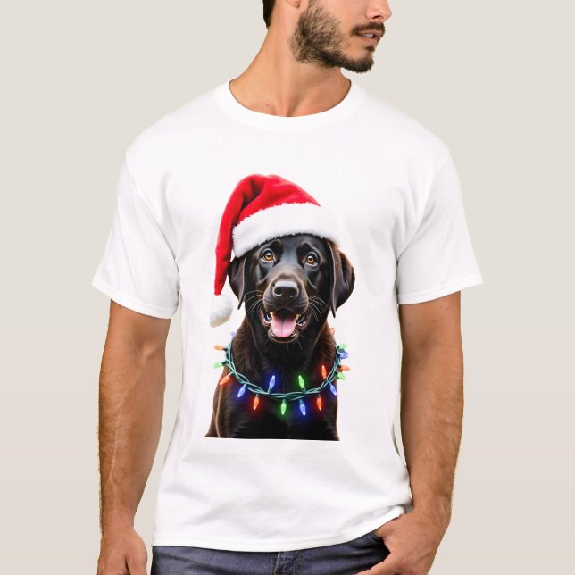 Schwarzer Lab Labrador Weihnachtsbaum Licht Pyjama T-Shirt (Vorderseite)