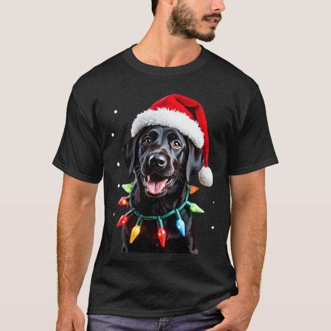 Schwarzer Lab Labrador Weihnachtsbaum Licht Pyjama T-Shirt (Vorderseite)