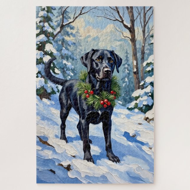 Schwarzer Lab Serene Winterwald Weihnachten Puzzle (Vertikal)