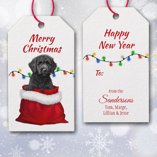 Schwarzer Labradoodle Hund in Santa Bag Geschenket Geschenkanhänger (Von Creator hochgeladen)