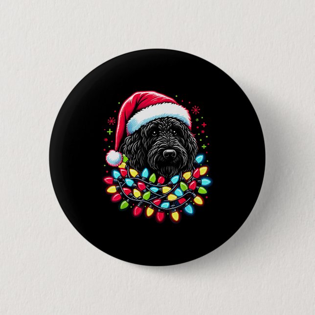 Schwarzer Labradoodle Weihnachtsbaum Xmas Lichter  Button (Vorderseite)