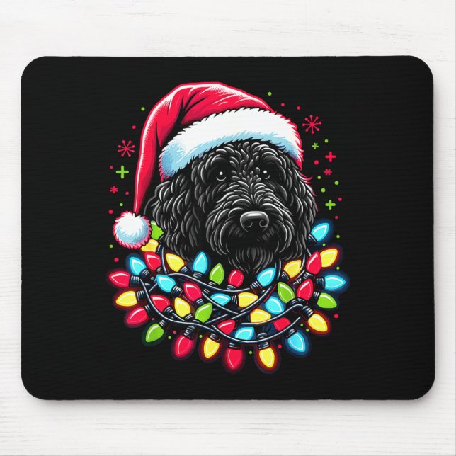 Schwarzer Labradoodle Weihnachtsbaum Xmas Lichter  Mousepad (Vorne)
