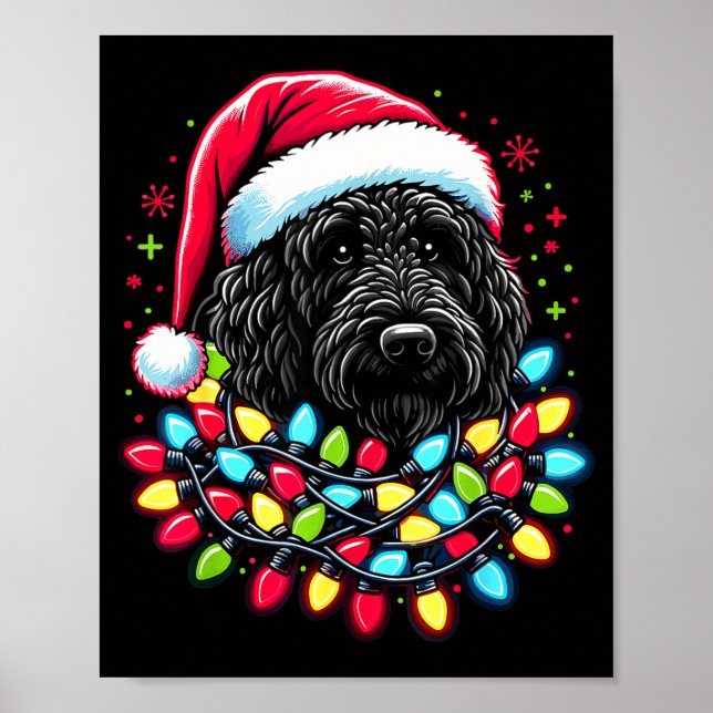 Schwarzer Labradoodle Weihnachtsbaum Xmas Lichter  Poster (Vorne)