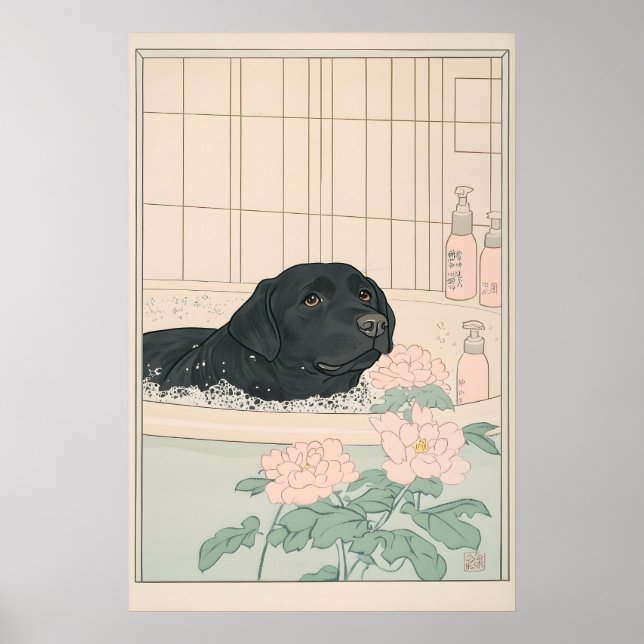 Schwarzer Labrador Badezimmerdruck Japandi Ukiyo-e Poster (Vorne)