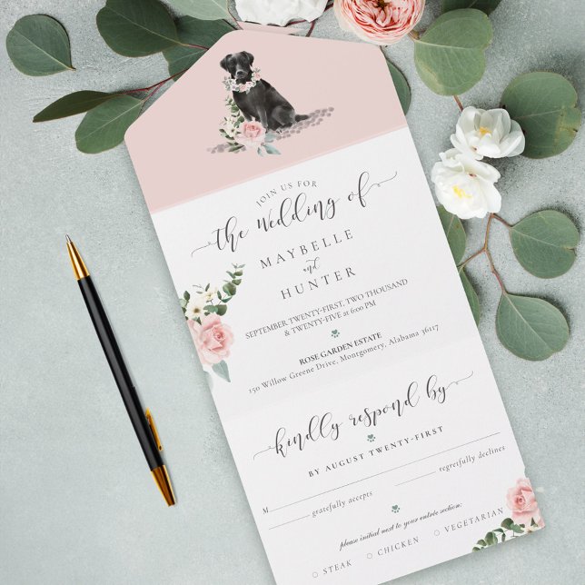 Schwarzer Labrador, Blütenrosa Rose All In One Einladung (Watercolor Black Labrador Dog & Floral Pink Rose All In One Invitation)