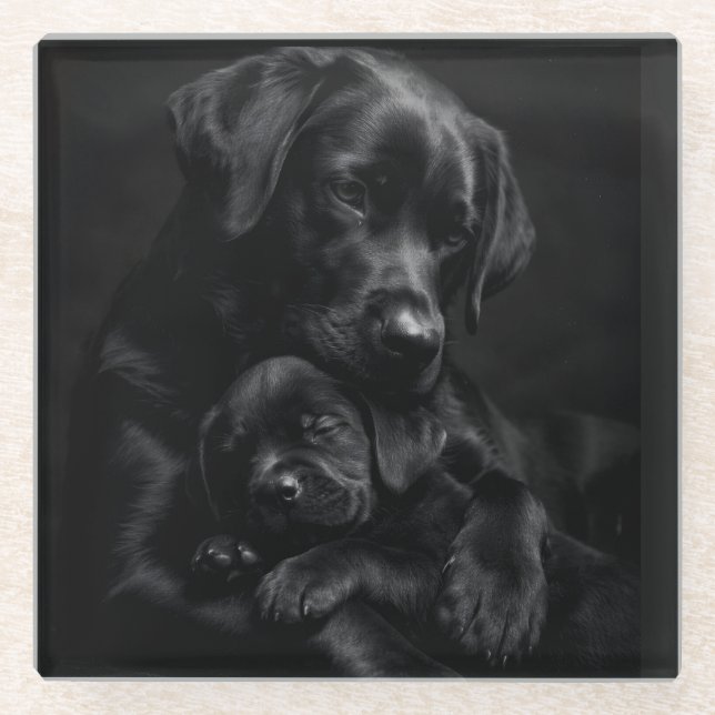 Schwarzer Labrador, Eltern und Kind: Liebesumarmun Glasuntersetzer (Vorderseite)