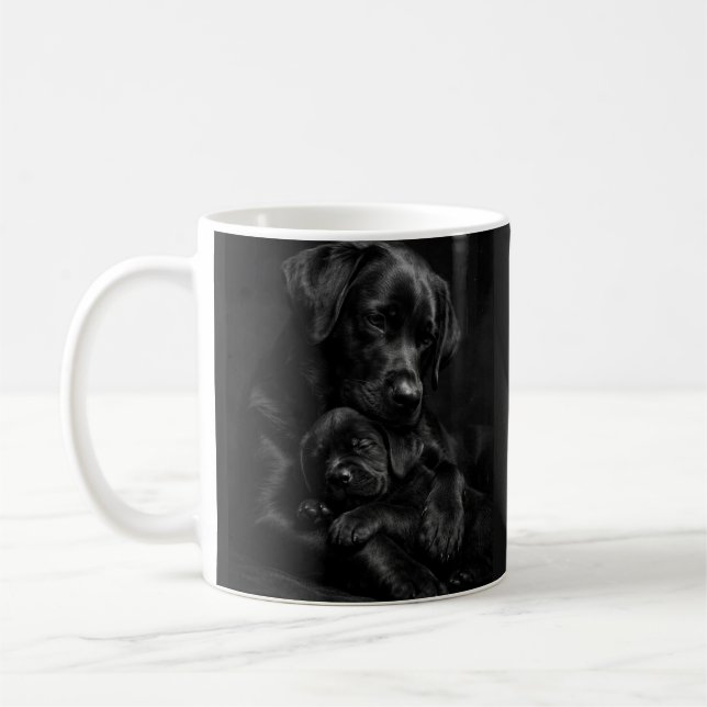 Schwarzer Labrador, Eltern und Kind, Liebesumarmun Kaffeetasse (Links)