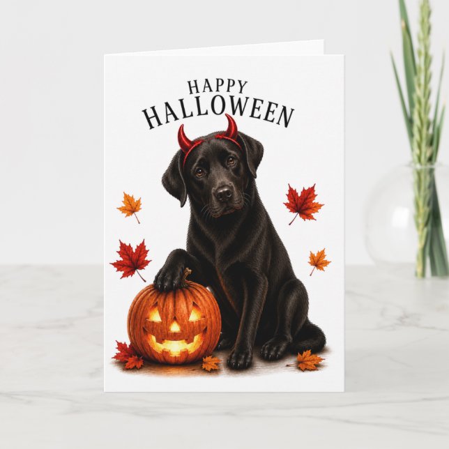 Schwarzer Labrador Halloween Teufelshund Karte (Vorderseite)