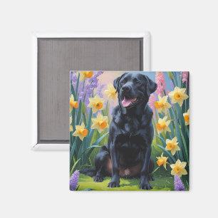 Schwarzer Labrador-Hund Frühjahrsblumen-Gemälde Magnet