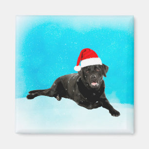 Schwarzer Labrador Hund sitzend im Schnee Weihnach Magnet