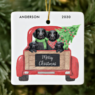 Schwarzer Labrador-Hund Vintage roter Weihnachts-L Keramikornament