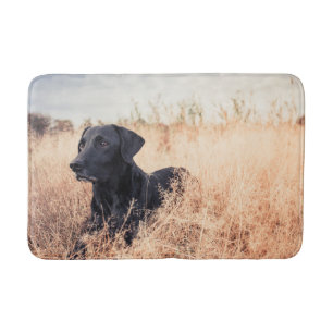 Schwarzer Labrador in trockenem Gras Badematte