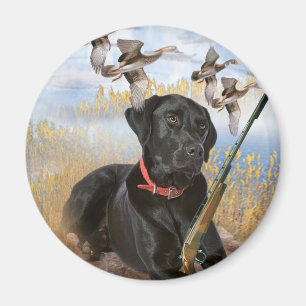 Schwarzer Labrador jagt Magneten Magnet