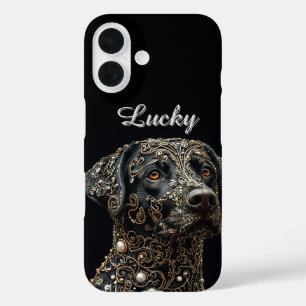 Schwarzer Labrador mit aufwendigem Gold und Perlen iPhone 16 Hülle
