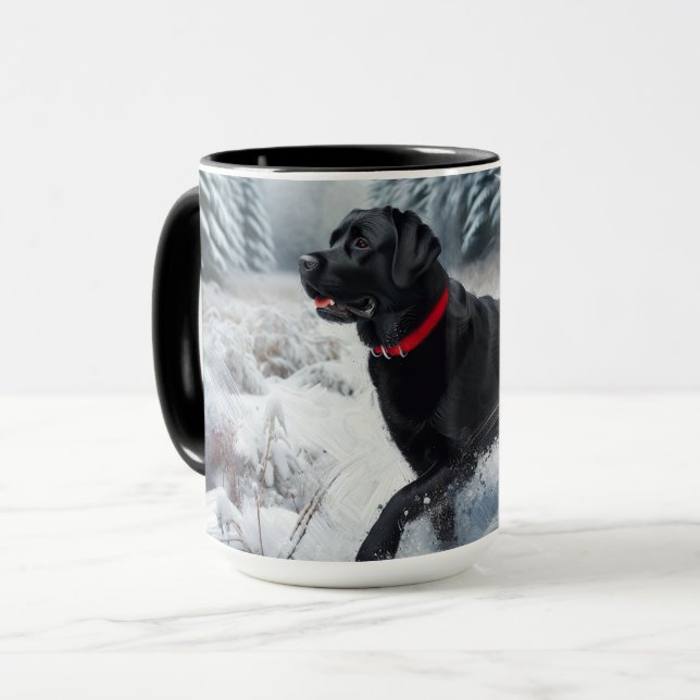 Schwarzer Labrador Retriever Hund in Winter Coffee Tasse (Vorderseite Links)