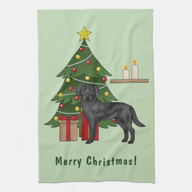 Schwarzer Labrador Retriever Hund mit Weihnachtsba Geschirrtuch (Vertikal)