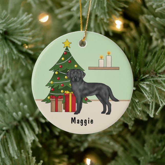 Schwarzer Labrador Retriever Hund mit Weihnachtsba Keramik Ornament (Baum)