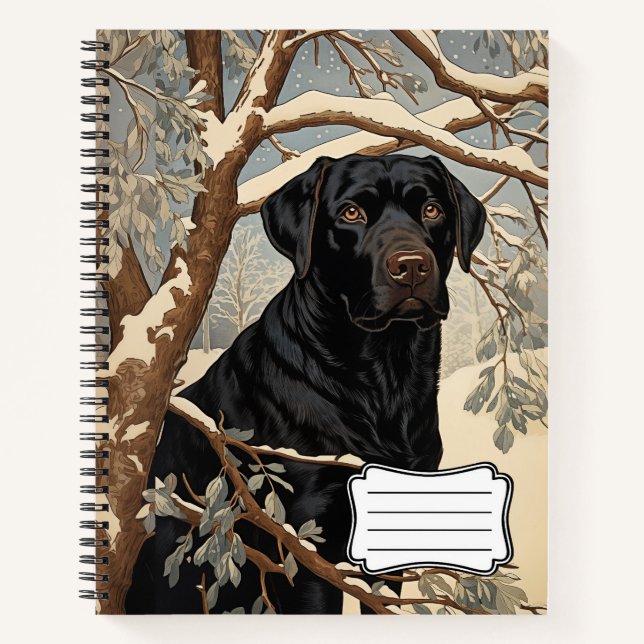 Schwarzer Labrador-Retriever im Winter Notizbuch (Vorderseite)
