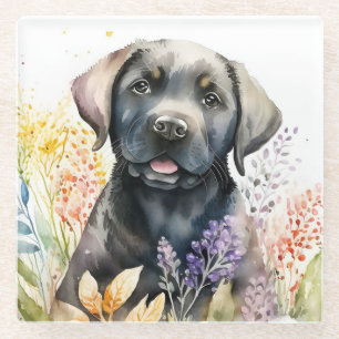 Schwarzer Labrador-Retriever und Blume Glasuntersetzer