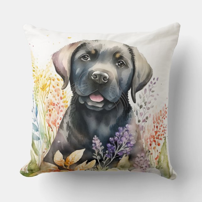 Schwarzer Labrador-Retriever und Blume Kissen (Vorderseite)