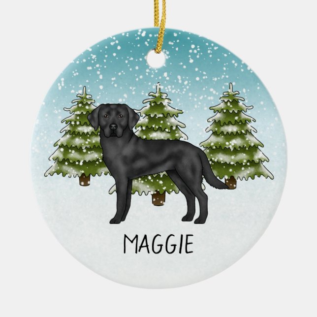Schwarzer Labrador Retriever Winter Forest Individ Keramik Ornament (Vorne)