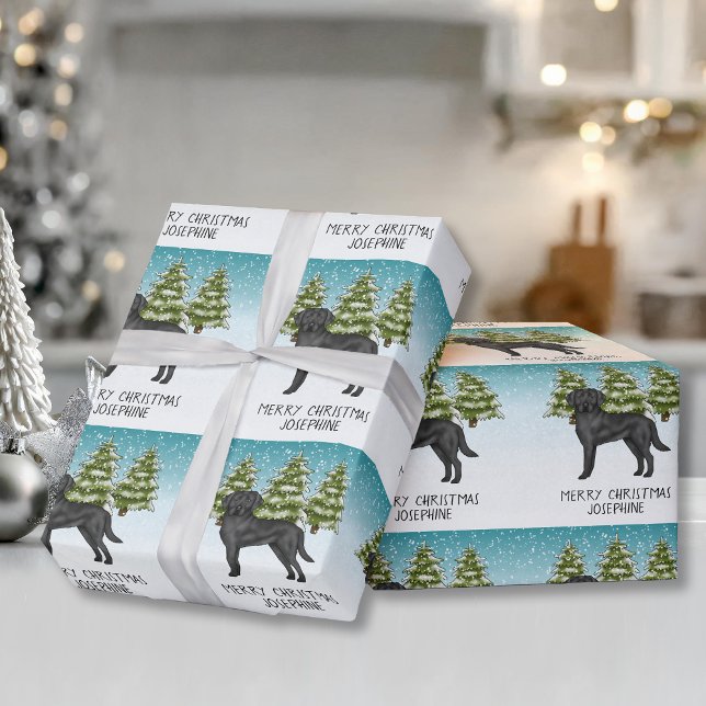 Schwarzer Labrador Retriever Winterwald Benutzerde Geschenkpapier (Von Creator hochgeladen)