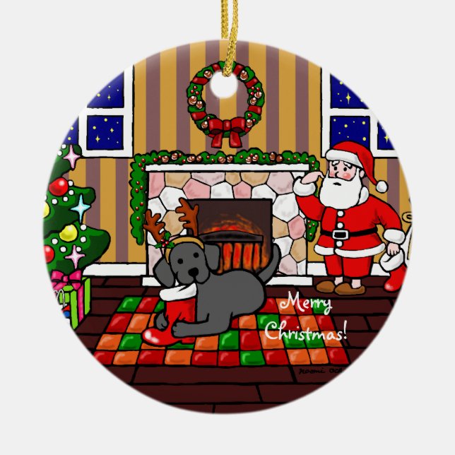 Schwarzer Labrador- und Sankt-WeihnachtsCartoon Keramik Ornament (Vorne)