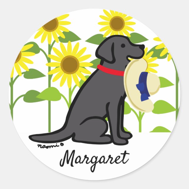 Schwarzer Labrador und Sonnenblumen Sommer Runder Aufkleber (Vorderseite)