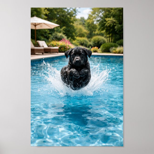 Schwarzer Labrador-Welpe beim Sprung ins Wasser  Poster (Vorne)