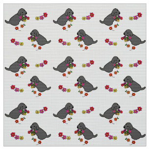 Schwarzer Labrador-Welpen-Blumen-Korb-Cartoon Stoff