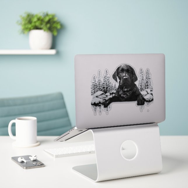 Schwarzer Labrador-Welpenstift Aufkleber (Laptop auf Schreibtisch)