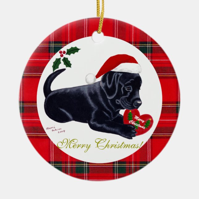 Schwarzer Labrador-Welpenwelpen-Weihnachtsmannmütz Keramik Ornament (Vorne)