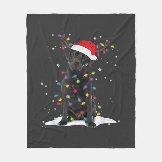 Schwarzer Labrador Xmas Hund Weihnachtsbaum Licht  Fleecedecke (Vorderseite)
