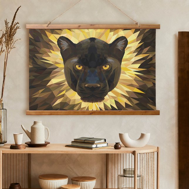 Schwarzer Leopard Moderner Polygonaler Safari-Tier Wandteppich Mit Holzrahmen (Black Leopard Modern Polygonal Safari Animal Hanging Tapestry)
