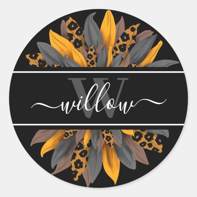 Schwarzer Leopard stürzt Sonnenblumen-Kid-Namenssc Runder Aufkleber (Vorderseite)