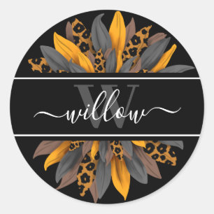 Schwarzer Leopard stürzt Sonnenblumen-Kid-Namenssc Runder Aufkleber