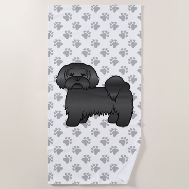 Schwarzer Lhasa Apso Niedlicher Cartoon Dog Illust Strandtuch (Vorderseite)