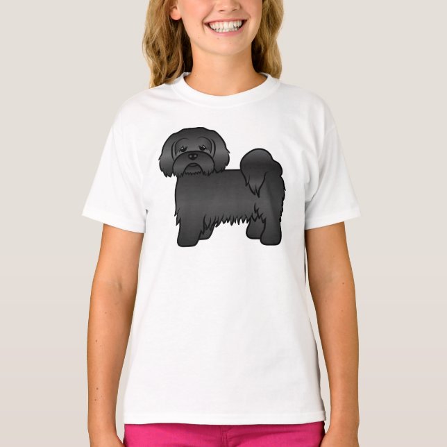 Schwarzer Lhasa Apso Niedlicher Cartoon Dog Illust T-Shirt (Vorderseite)