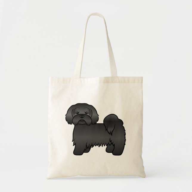 Schwarzer Lhasa Apso Niedlicher Cartoon Dog Illust Tragetasche (Vorne)