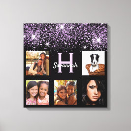 Schwarzer lila Glitzer Foto Collage Name einzigart Leinwanddruck