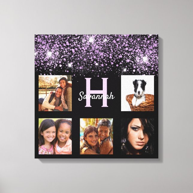 Schwarzer lila Glitzer Foto Collage Name einzigart Leinwanddruck (Vorderseite)
