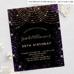 Schwarzer lila Glitzer - Geburtshaushaltsplan<br><div class="desc">Für einen eleganten 50. Geburtstag (oder jedes Alter). Ein stilvoller schwarzer Hintergrund. Dekoriert mit lila Imitaten goldener Glitzer Staub und goldene Lichtsaiten. Personalisieren und fügen Sie Namen,  Alter und Party Details hinzu. Der Name wird mit einem handgeschriebenen Stilskript geschrieben</div>