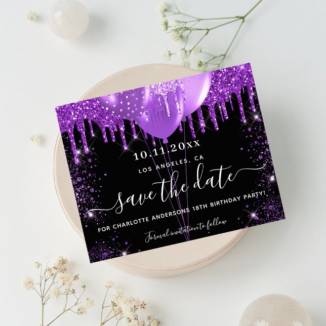 Schwarzer lila Glitzer - Geburtstag Save the Date Flyer (Von Creator hochgeladen)